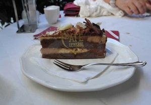 The famous Sachertorte ate the Cafe Central in Vienna